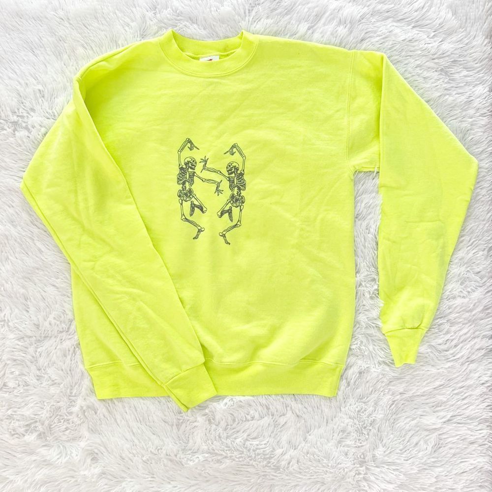 Neon Yellow Dancing Skeleton Crew Neck Sweatshirt, Unisex SZ S